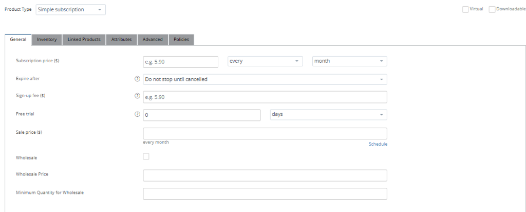 General Tab For Simple Subscription