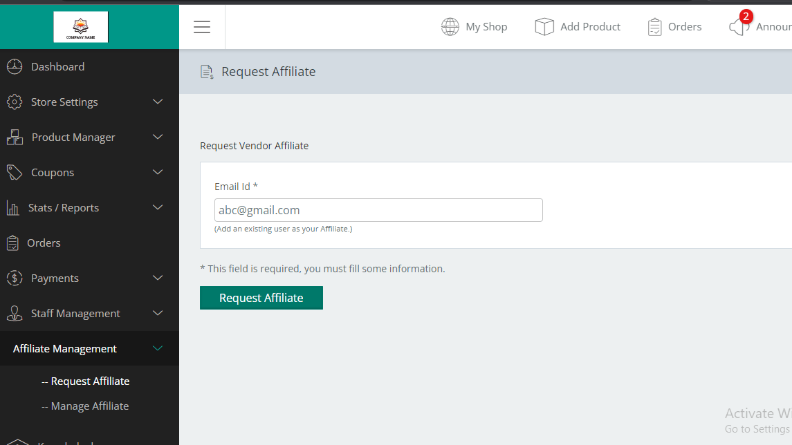 Seller's affiliate dashboard